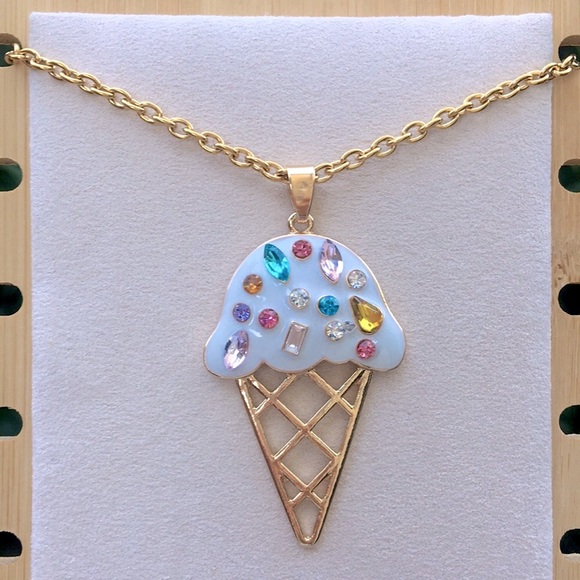 Jewelry - White + Crystal Sprinkles Gold Ice Cream🍦Cone Pendant Drop Necklace